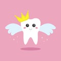Cute funny tooth fairy with a golden crown and wings on a pink background.